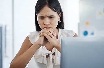 Image showing Stress, anxiety and business woman on laptop working in office with financial mistake, 404 glitch or security scam. Woman, worry and burnout by designer, employee and worker concerned about phishing