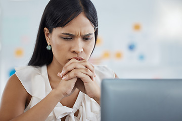 Image showing Anxiety, stress and business woman on laptop in office, reading email of phishing, 404 or glitch. Thinking, worry and burnout with corporate employee frustrated by loan rejection and startup fail