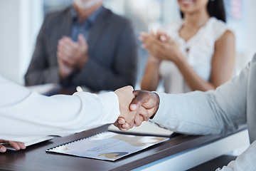 Image showing Hands, b2b and handshake in support of partnership, collaboration and clapping hands for success, motivation and business integration. Hand shake, vision and teamwork by team negotiation planning