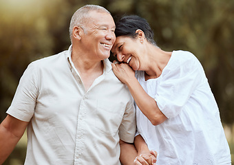 Image showing Love, family and elderly couple at a park, relax and having fun while bonding, talking and walking in nature. Happy family, mature and man with woman in a forest laughing, joking and enjoy retirement