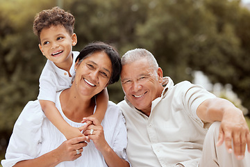 Image showing Family, portrait and relax at a park with grandparents and grandchild playing, laughing and bond in nature. Love, happy family and senior couple enjoy retirement with little boy in a garden in Mexico