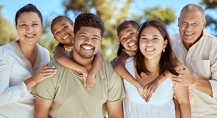 Image showing Happy, big family and portrait at park with kids, parents and grandparents smile, hug and bond in nature. Love, children and family day outdoor with relax, caring and cheerful people in Mexico