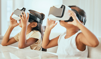 Image showing Virtual reality headset, gaming and children with online tech gamer devices at home. Kids, 3d ai software environment technology and streaming metaverse video game using vr headgear in living room