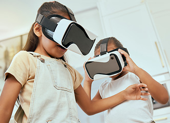 Image showing VR, gaming kids and cyber vision, metaverse and fantasy media for video games education, iot innovation and creative future. Excited children, virtual reality experience and ux futuristic technology