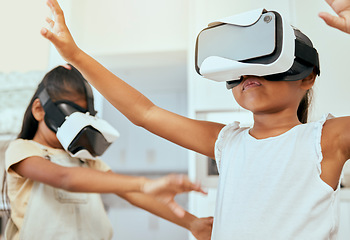 Image showing Metaverse, vr headset or gaming children in house or home cyber world software, ai media or futuristic esports. Girls, kids or family sisters on virtual reality gamer technology or 3d interactive app