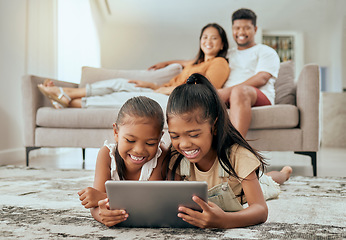 Image showing Children, tablet or relax parents in living room of house or family home for education video, movie streaming or internet esports. Smile, happy or bonding kids on technology and watching man or woman