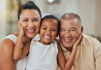 Image showing Family, portrait and face of girl with grandparents in living room, relax and bonding in their home together. Love, happy family and child enjoy quality time with grandma and grandpa on the weekend