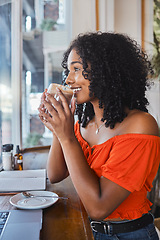 Image showing Coffee, relax and happy black woman in cafe enjoying caffeine, espresso or cappuccino while working on laptop. Freelancer, remote worker or female from South Africa drinking beverage on writing break