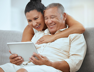 Image showing Senior couple, tablet and online in living room, social media news and ebook media app in Colombia home. Elderly retirement people, relax and digital social network, internet technology or connection