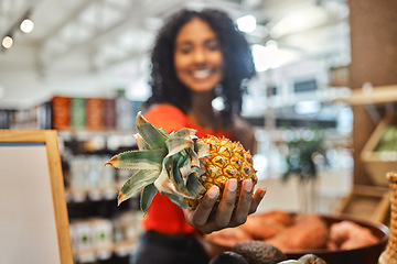 Image showing Supermarket, sustainability and shopping, woman with pineapple, buying conscious for healthy organic diet. Sustainable lifestyle to support eco friendly small business, local farm or grocery store.