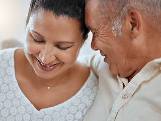 Image showing Love, family and face of elderly couple embrace, relax and smile while bonding and sharing a romantic moment in their home. Senior, man and woman enjoy retirement, relationship and trust and support