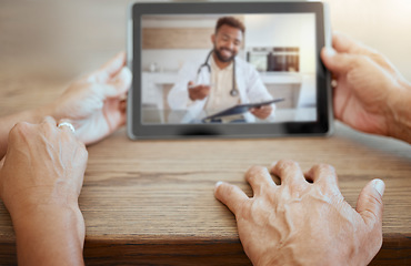 Image showing Couple consulting doctor, tablet video call and healthcare, virtual help and medical test, check and screen advice. Home patient people, digital telehealth service and communication web consultation
