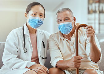 Image showing Covid portrait of doctor with senior patient for medical support, elderly care and pension healthcare. Retirement health insurance, corona virus help and hospital client consulting medicine expert