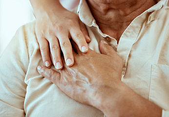 Image showing Mature couple, hands and mental health support in house, home or marriage counseling therapy. Zoom, man and woman in trust, love and psychology counselling for depression, anxiety and stress burnout