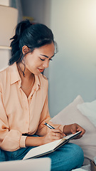 Image showing Planning, notebook and woman in bedroom writing to to list or ideas in journal in home. Creative idea, inspiration and happy girl with book on bed taking notes for work or life goal in personal diary