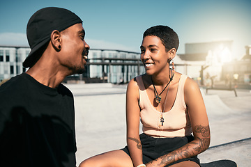 Image showing Happy, smile and couple talking in the city while relaxing outdoor together on summer vacation with flare. Happiness, communication and young man and woman from Mexico speaking in a urban town.