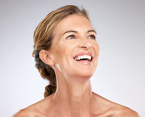 Image showing Skincare, beauty and face of happy senior woman thinking about dermatology, facial botox or cosmetics against mockup studio background. Face, antiaging and wellness of female with self love mindset