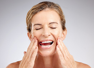 Image showing Skincare, beauty and face of a senior woman with wrinkles doing a wellness, health and anti aging routine. Happy, natural and elderly lady with a self care, organic and cosmetic facial treatment.