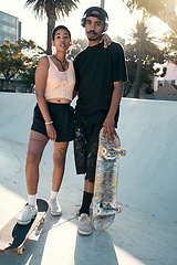 Image showing Skateboard, skater couple and city sports while outdoor at a skate park for training, workout and fun. Hipster man and woman out skating for exercise, skateboarding and leisure for urban lifestyle