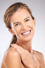 Image showing Beauty, skincare and portrait of mature woman with smile on face, skin glow and natural anti aging makeup with. Health, wellness and happy lady with healthy lifestyle, self love and body positivity.