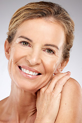 Image showing Beauty, anti aging and wrinkles, skincare and woman, natural cosmetic and aged skin, face and body care advertising portrait. Mature model smile, facial treatment and wellness with studio background