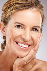 Image showing Skincare, beauty and face of happy senior woman after dermatology facial routine against studio background. Cosmetics, antiaging and lady smile for wellness, self love and health of skin after botox