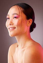 Image showing Skincare, beauty and neon eye makeup, portrait of woman from Japan with smile on face. Health, luxury and fashion, creative skin care product treatment for facial and healthy glow on happy asian girl