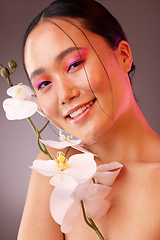 Image showing Beauty, flowers and makeup, portrait of woman from Japan with eyeshadow and smile on face. Nature, luxury spa and natural skincare product ingredients for facial and makeover on beautiful asian girl.