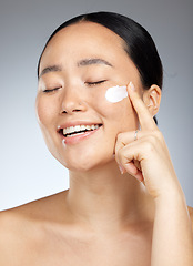 Image showing Portrait of woman in skincare, beauty and skin products with lotion on her face. Mockup up for natural beauty, cosmetic products and wellness cream. Facial model for skin, cleaning and moisturizing