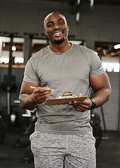 Image showing Gym membership, personal trainer and black man holding sign up clipboard for heath and wellness subscription for healthy lifestyle. Portrait of happy male coach holding paperwork to join fitness club