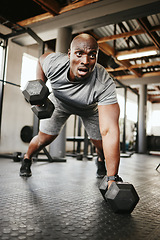 Image showing Fitness, gym and black man doing a workout with weights for strength, wellness and training. Bodybuilder, sports and strong African athlete doing push up exercise in a sport, health and active studio