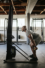 Image showing Black man, arms workout and exercise equipment for health, wellness and fitness in gym. Athlete, trainer and being healthy for cardio, sportswear or training machine with resistance band for shoulder