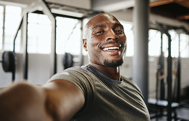 Image showing Selfie, fitness and black man training, doing a workout and cardio in the gym. Young, portrait and African athlete sweating in a photo after exercise for health, body strength and sport at a club