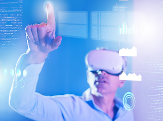 Image showing Businessman, metaverse or virtual reality in data analysis, digital transformation ai or neon future company chart. Finance worker, hand and futuristic touch in vr headset or 3d investment management