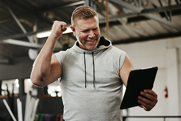 Image showing Gym, workout and happy personal trainer with clipboard in celebration after wellness training. Fitness, health and man coach reading checklist to celebrate win, achievement or victory at sport studio