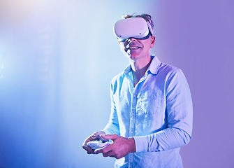 Image showing VR, metaverse and man gaming in a neon room, happy with creative technology and 3d game with glasses. Relax, excited and gamer with smile for virtual reality, digital and experience of online games