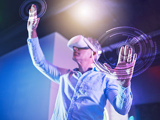 Image showing Hologram, metaverse and virtual reality with a senior man using a vr headset to access a ux or ui digital dashboard. Future, internet and user with a male pensioner exploring futuristic ai technology