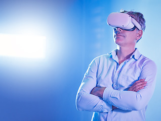 Image showing VR, metaverse or senior man with futuristic technology, 3d glasses or virtual reality cyberspace for digital innovation in studio. Gaming, online gamer or cyber internet space for creative thinking