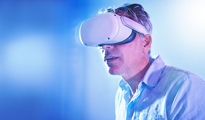 Image showing Virtual reality, vr metaverse or senior man with 3d goggles for virtual lights, cyber experience or augmented reality. Future, digital innovation or futuristic person with creative simulation tech