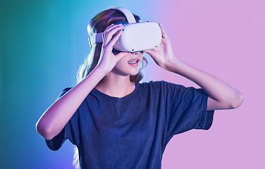 Image showing Virtual reality, metaverse and futuristic, woman with 3d glasses, VR and technology, cyberspace and digital innovation in studio background. Young, simulation or gaming, internet and future tech.