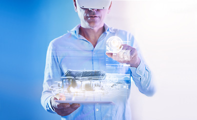Image showing Man, vr and architect with model, building or house for 3d, virtual and digital with tech. Man, design and metaverse with home, architecture or hologram for vision, goal or virtual reality in company
