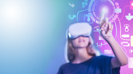 Image showing Vr, woman and digital tech hologram, icons and virtual reality mockup space. Metaverse, 3d future app or female click virtual world button, cyber ux or online, internet or web interface for software