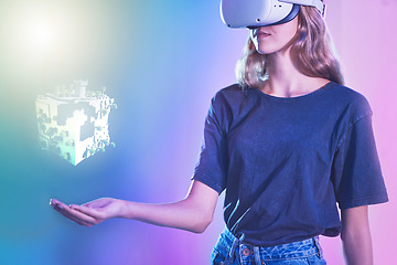 Image showing VR, metaverse or woman with hologram in hand for futuristic gaming, virtual reality or digital tech headset for 3d, ai or UX online. Cyber network overlay, gamer or girl for esports or creative space