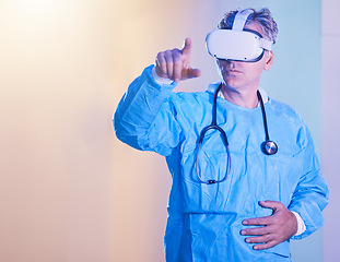 Image showing Medical vr, metaverse and doctor with glasses while consulting, working and planning 3d healthcare in neon room. Creative, futuristic and hospital surgeon with virtual reality technology for medicine