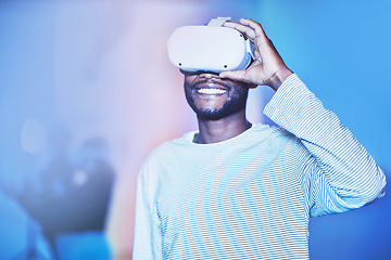 Image showing Future of digital innovation, black man with virtual reality headset in AI metaverse or 3d neon background. Gamer vr technology with augmented reality, scifi ux goggles or futuristic Africa