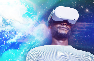 Image showing Virtual reality, futuristic and black man playing game in a galaxy metaverse with technology. Vr, video game and African guy with future high tech cyber digital hologram simulation gaming on internet