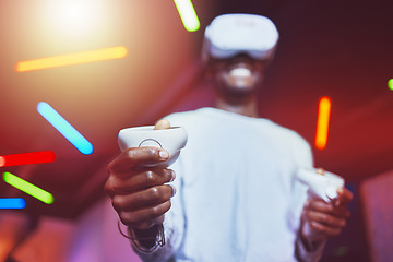 Image showing Man, VR gaming innovation and controller for metaverse, digital fantasy and cyber video game in neon lighting. Gamer hands, virtual reality and 3d futuristic games experience with glasses technology