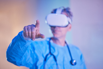 Image showing Doctor, finger and vr technology in healthcare, medical worker with virtual reality headset. Innovation, futuristic tech and ux for healthcare worker doing medical work and science research online