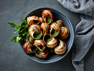 Image showing bowl of escargot snail filled with garlic and parsley butter