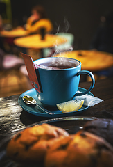 Image showing Blue tea cup and teabag